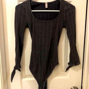 Free People Grey Ribbed Square Neck Bodysuit